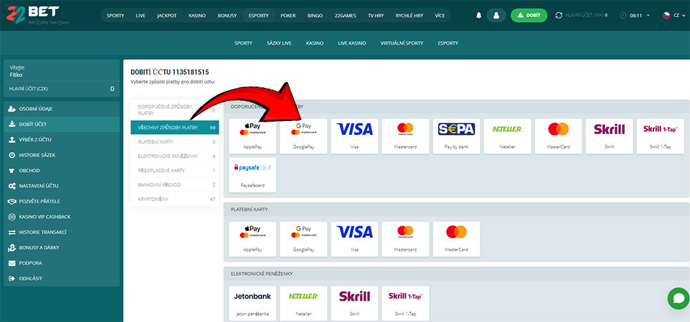 Google Pay v casinu 22BET