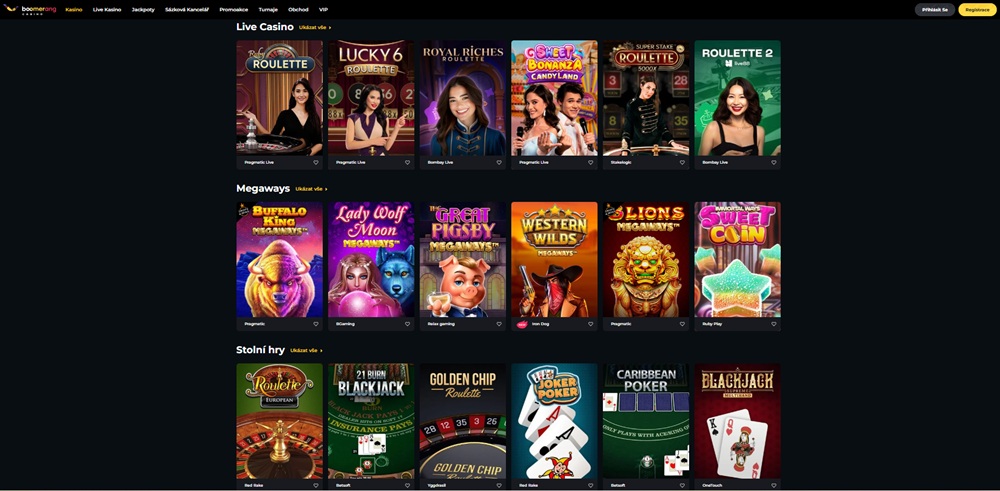 Herní nabídka Boomerang Casino