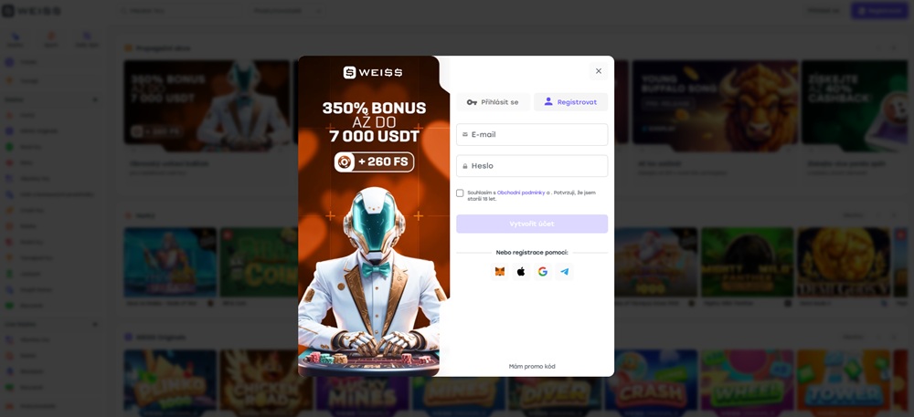 Registrační okno casina Weiss