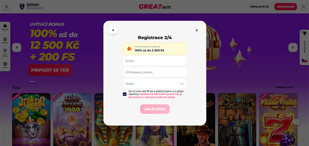 Greatwin casino registrace a login