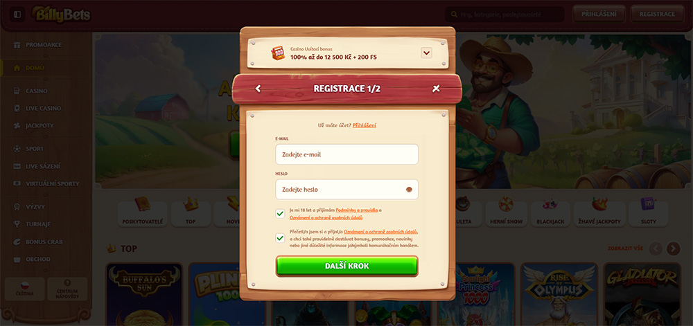 BillyBets casino registrace a login