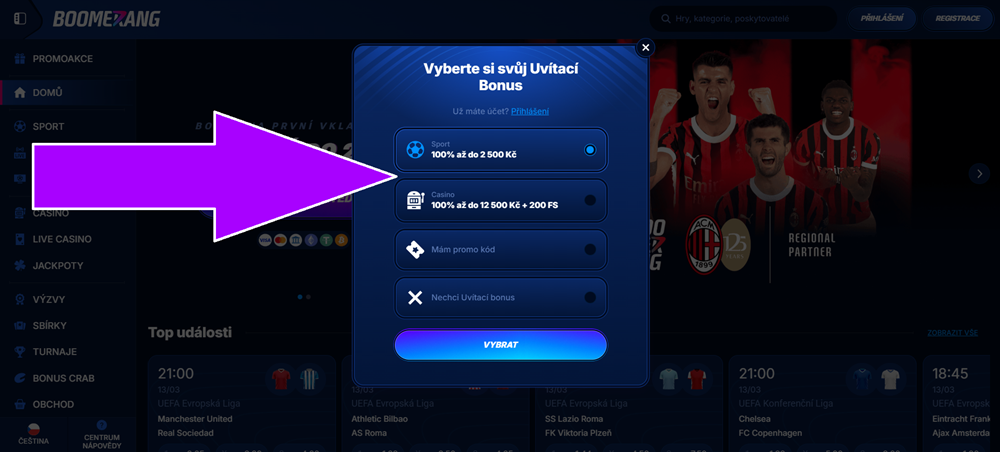 Boomerang Bet registrace a login