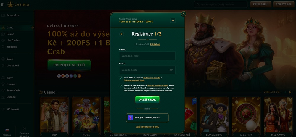 Registrační proces casina Casinia