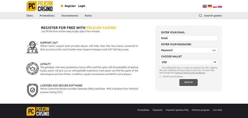 Pelican Casino registrace a login