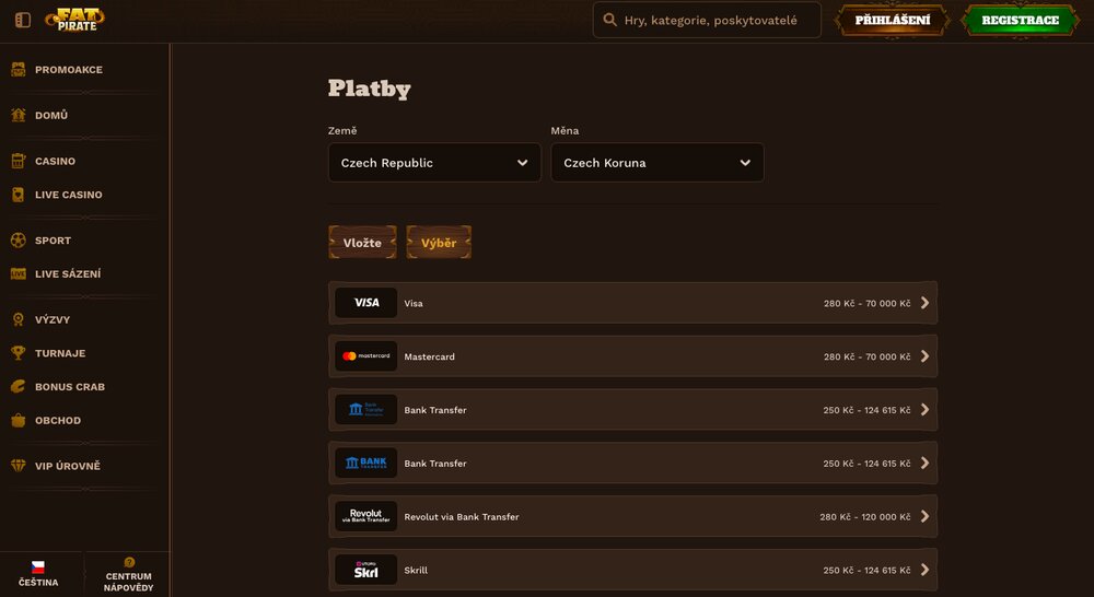 FatPirate možnosti platby