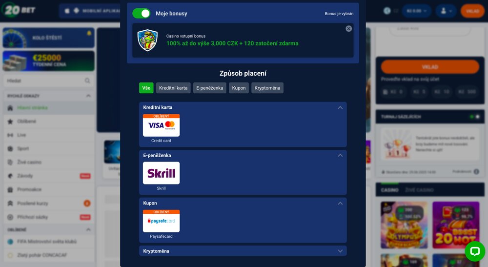 20BET možnosti vkladu