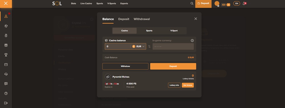 Sol Casino výběr peněz
