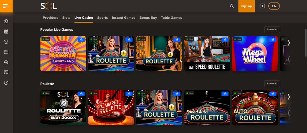 Sol Casino nabídka live casina