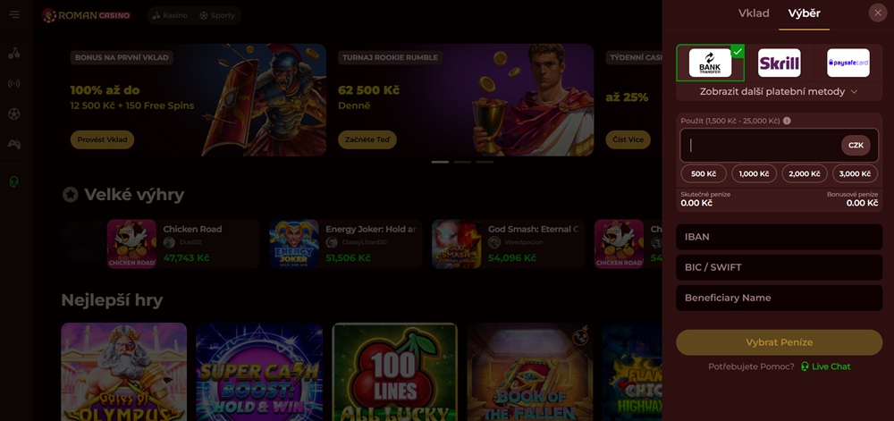 Roman Casino výběr peněz