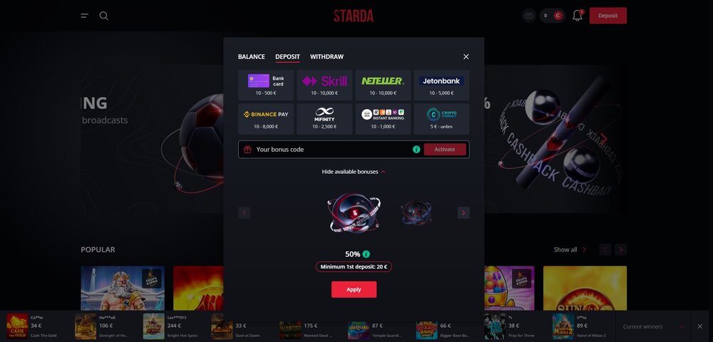 starda casino výběr peněz