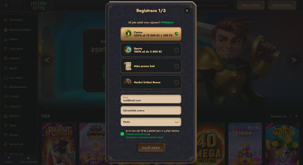 HeroSpin registrace