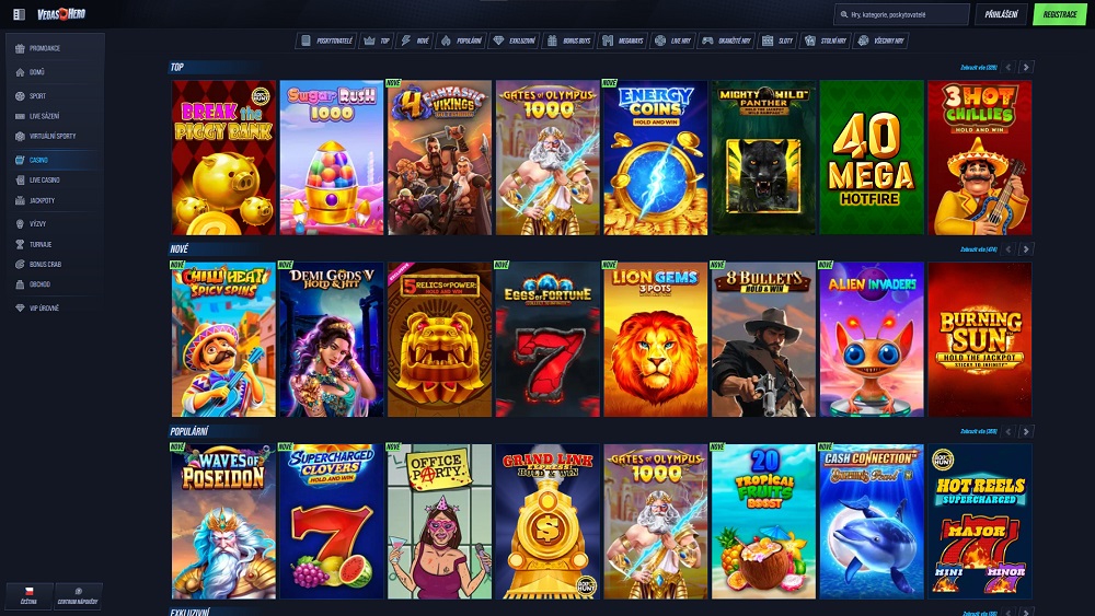 Náhled bohaté herní knihovny v online casinu VegasHero
