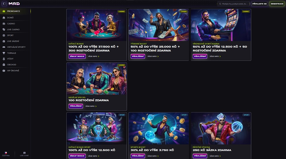 Náhled bonusů a promoakcí s free spins v online casinu MadCasino