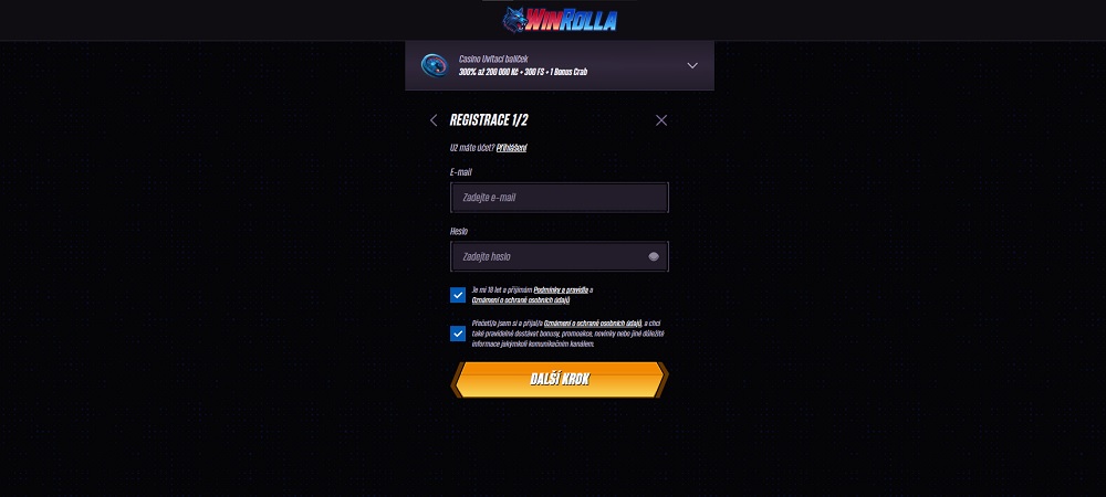 Náhled registračního formuláře platformy WinRolla s uvítacím balíčkem