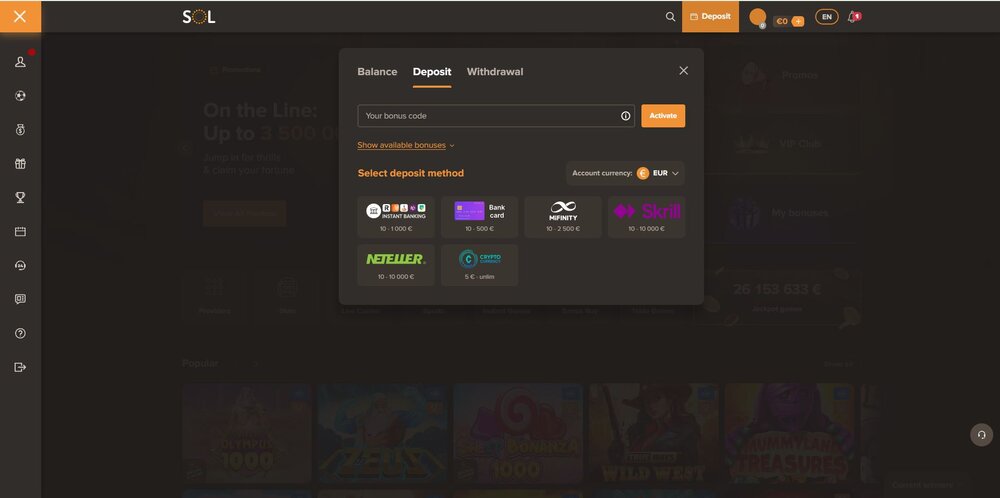 sol casino minimální vklad