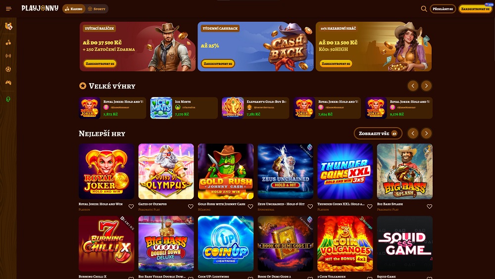 Náhled úvodní stránky s bonusy a top automaty v online casinu PlayJonny