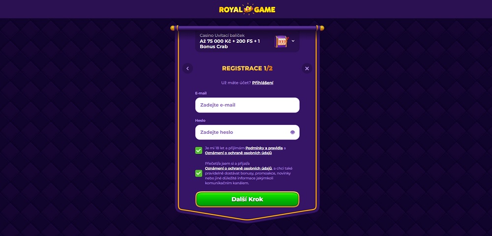 Royal Game casino registrace a login náhled