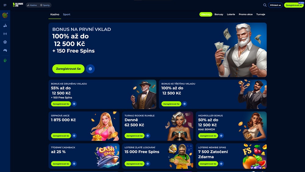 Náhled bonusů a promoakcí v online casinu a sázkové kanceláři Billionairespin