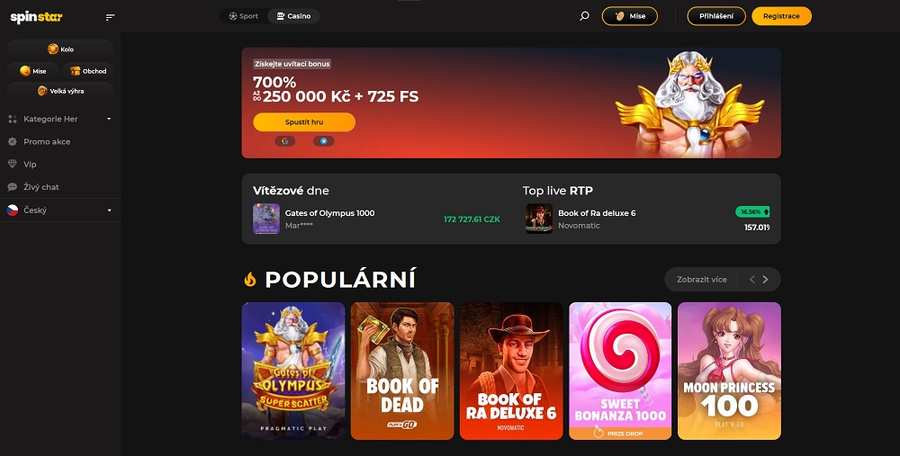 Náhled uvítacího bonusu a nejlepších her v online casinu Spinstar.bet