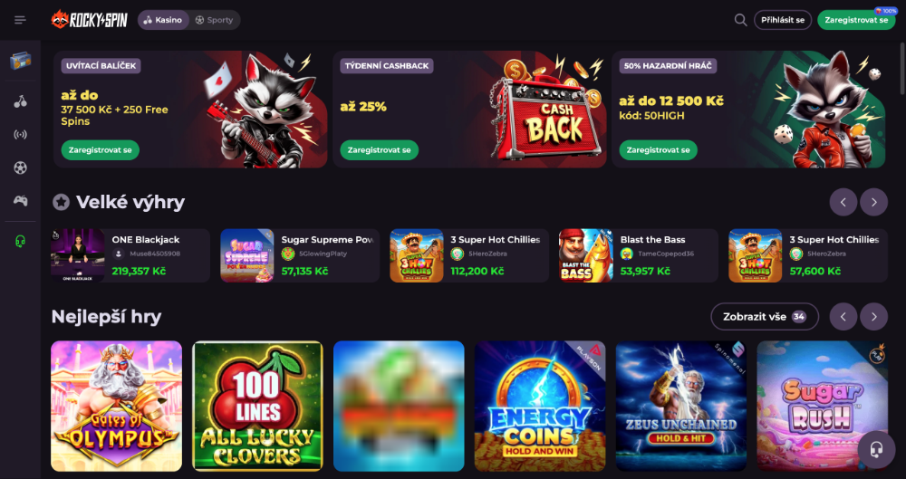 Náhled bonusů a top online slotů v online casinu Rockyspin