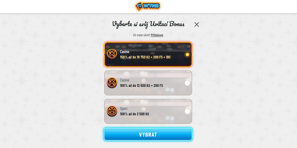 Speciální BONUS pro hráče BONUSBIBLE v casinu Wyns: 150 % bonus do výše 18 750 Kč + 200 FS úvodní