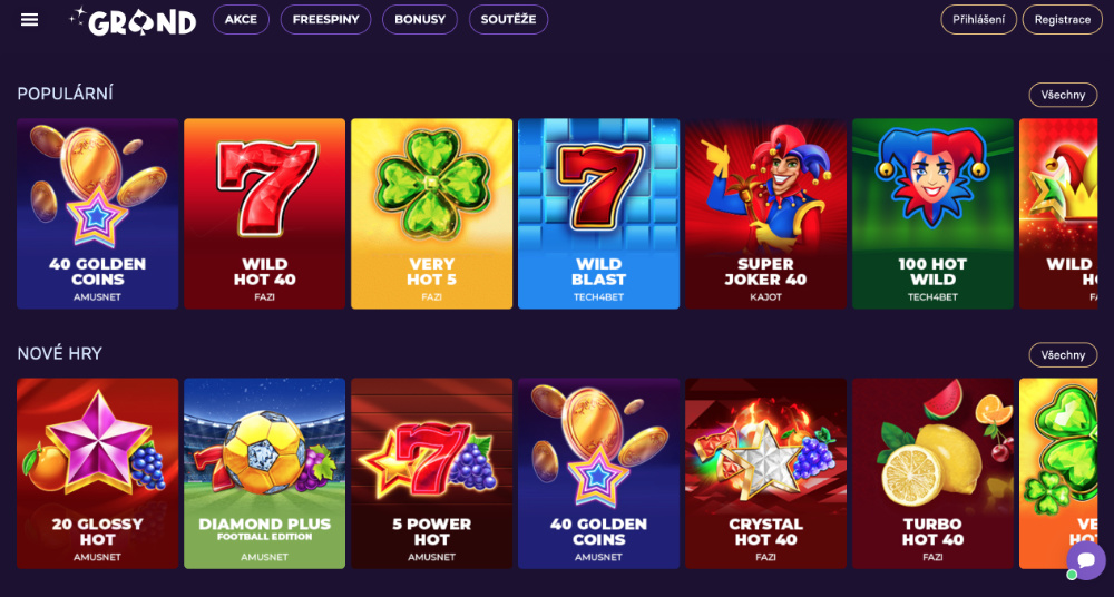GrandWin casino úvodní obrazovka