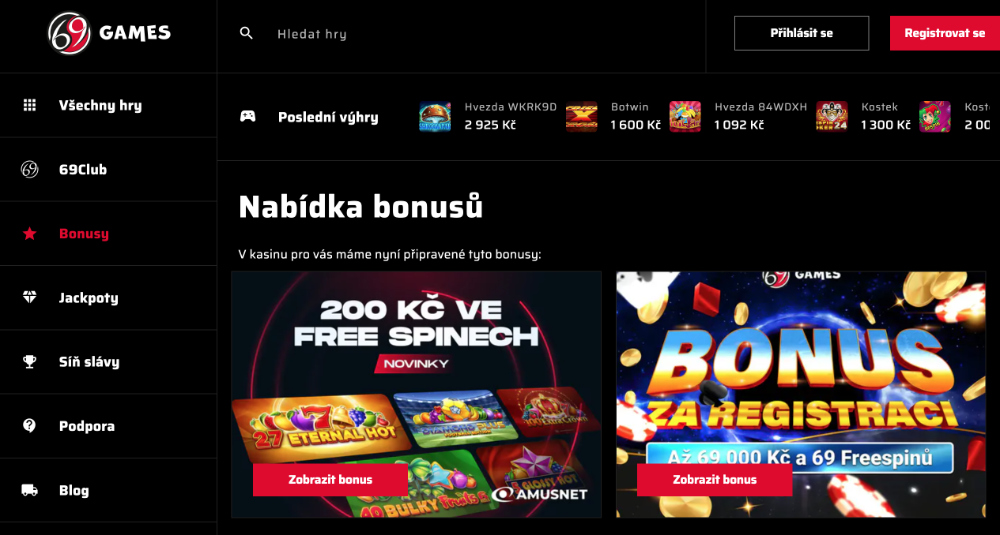 Nabídka bonusů v casinu 69Games