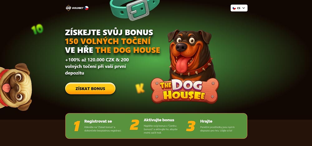 Speciální no deposit bonus v casinu GoldBet pro hráče BonusBible: 150 free spinů zdarma na automat The Dog House úvod